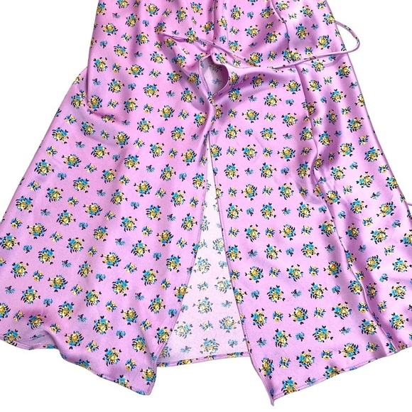 ZARA Floral Print Lace up Black Silky Satin Fitted Midi Dress in Pink Size S New - Picture 10 of 13